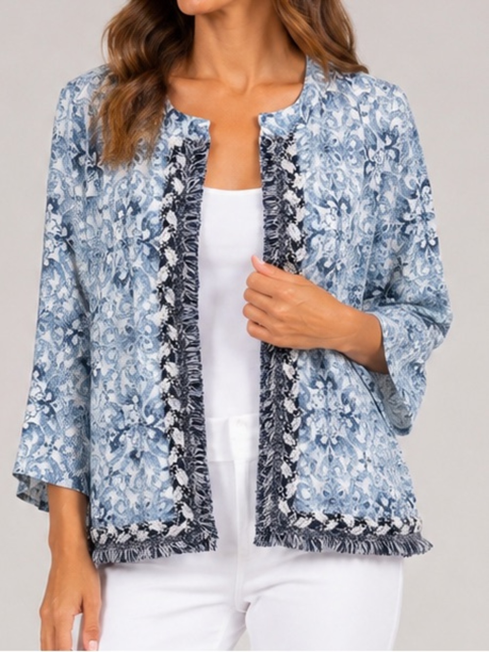 Chico’s 100% Linen Open Front Jacket Blue White Medallion Fringe Trim Size 1